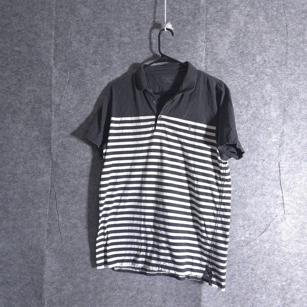 AllSaints Bramford Breton Polo Shirt Men's Size XL Gray White Striped Cotton
